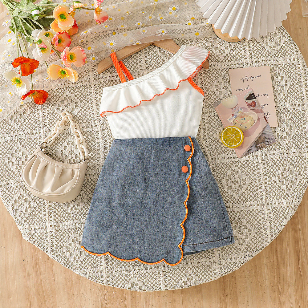 cross-border girls' fashion ruffle one-shoulder cami top + irregular embroidered floral denim jeans two-piece set
