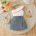 cross-border girls' fashion ruffle one-shoulder cami top + irregular embroidered floral denim jeans two-piece set