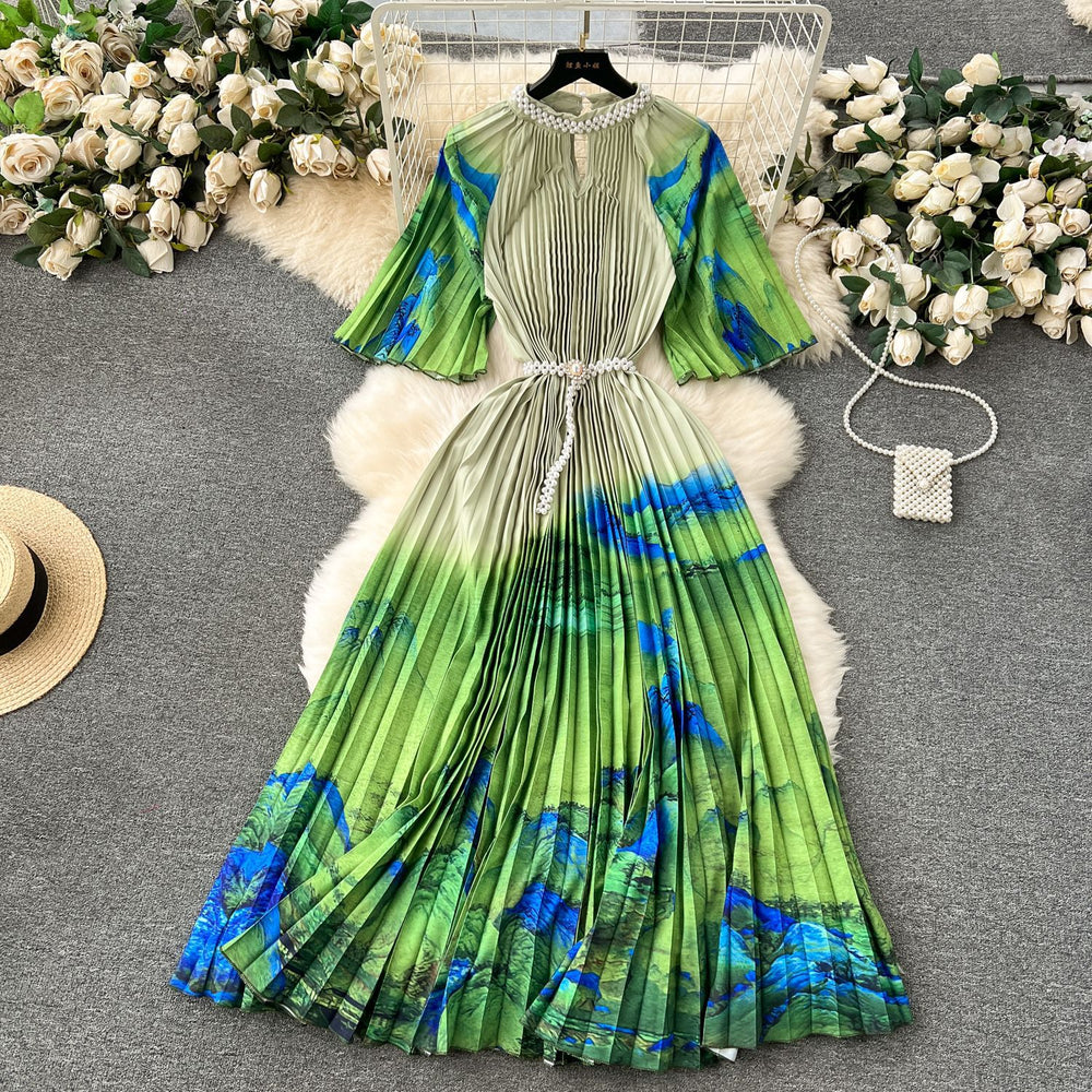 European style plus size women's high-end printed, heavily beaded, pleated long formal dress with pleated skirt - elegant women's dress