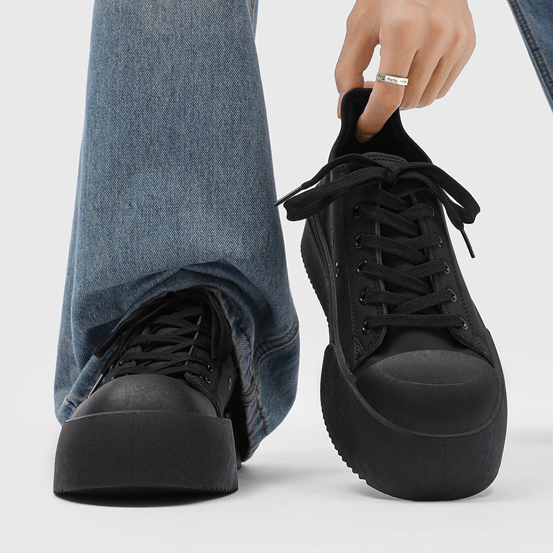 Spring chunky sneakers: black platform height increasing athletic casual board shoes, versatile commute leather low-top wear-resistant derby shoes