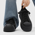 Spring chunky sneakers: black platform height increasing athletic casual board shoes, versatile commute leather low-top wear-resistant derby shoes