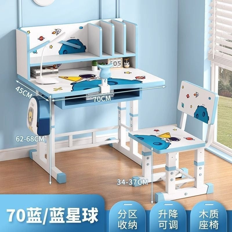 Student home desk set - kids' study table with bookshelf, adjustable height, storage, and chair combination