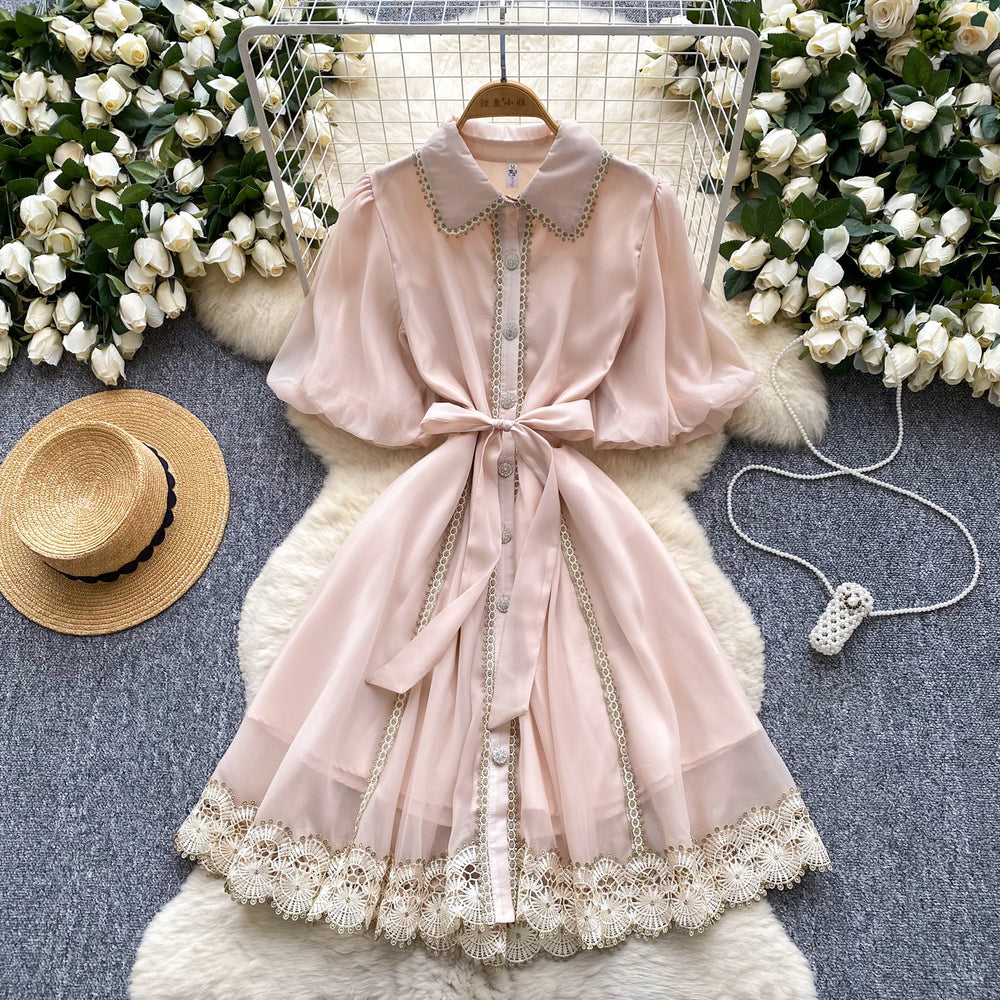summer women's vintage-inspired court style dress: exquisite lace patchwork, tie-waist, lantern sleeves, and mesh overlay