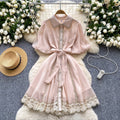 summer women's vintage-inspired court style dress: exquisite lace patchwork, tie-waist, lantern sleeves, and mesh overlay