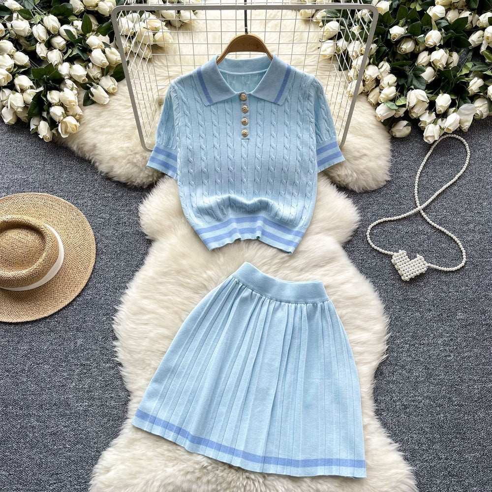 Summernew arrivaleasiest for matchknitting shirttwo-piece setfemaleretrocontrast color short-sleeved tops+high waistpleated skirt
