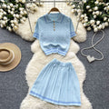 Summernew arrivaleasiest for matchknitting shirttwo-piece setfemaleretrocontrast color short-sleeved tops+high waistpleated skirt