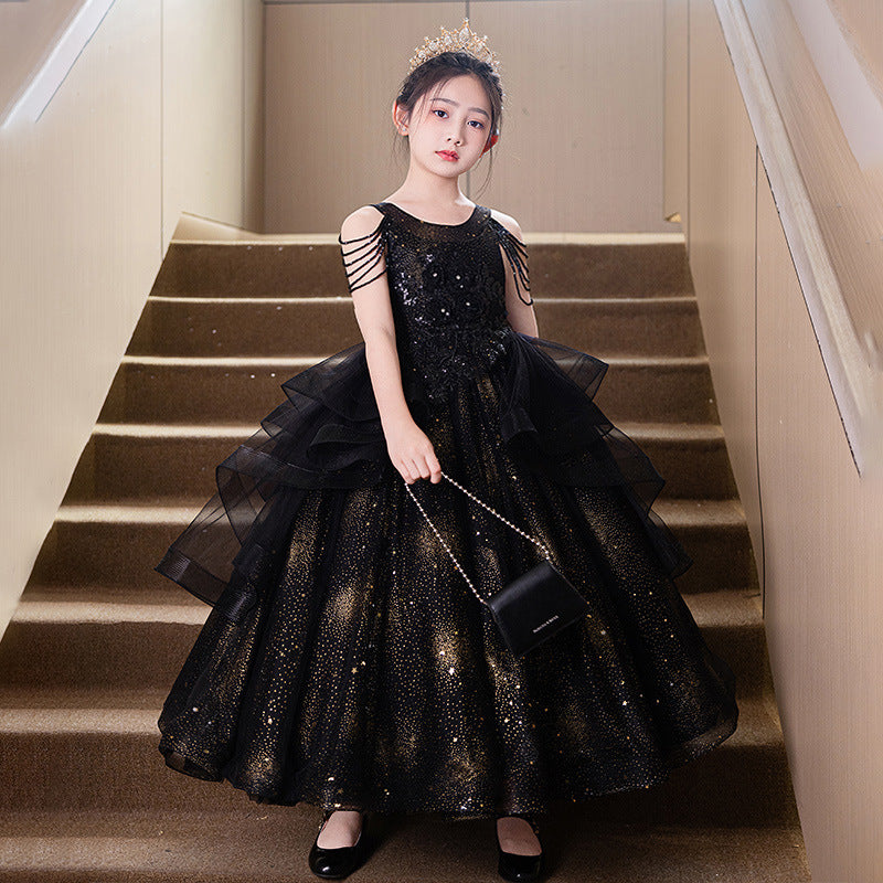 Black high-end children's evening gown, girls' princess dress, fluffy tulle, stylish hostess outfit, student violin performance costume