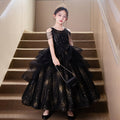 Black high-end children's evening gown, girls' princess dress, fluffy tulle, stylish hostess outfit, student violin performance costume