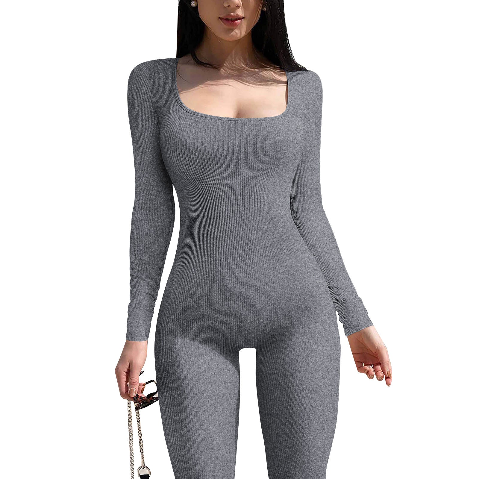 2024  women's clothing solid color long-sleeved vest onesie threaded square neck backless hip-lifting slim-fitting sports jumpsuit