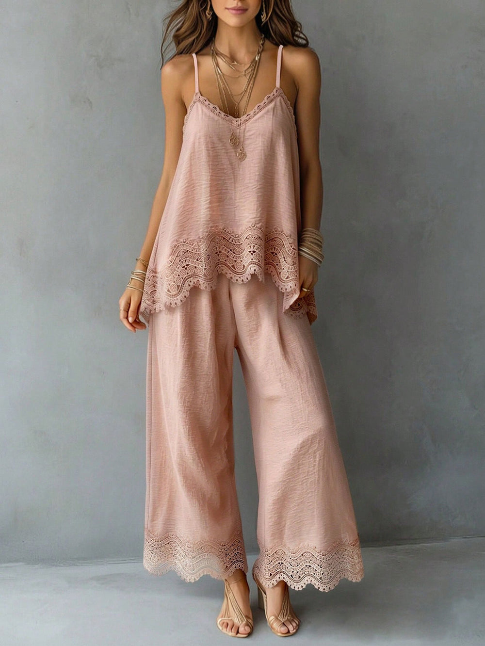 fashion  summer new light pink lace suspender suit looseloose pants vacation style two-piece set