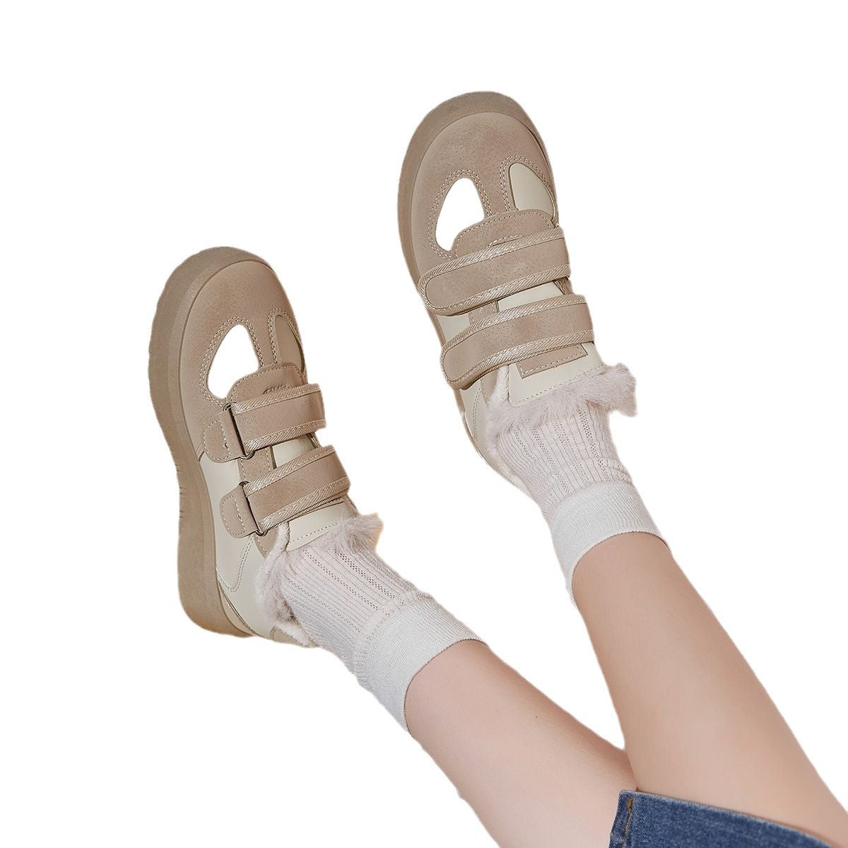 Mingdian thick-soled fluffy shoes for women wearing 2024 new high-value warm cotton shoes for women Velcro fleece board shoes for women