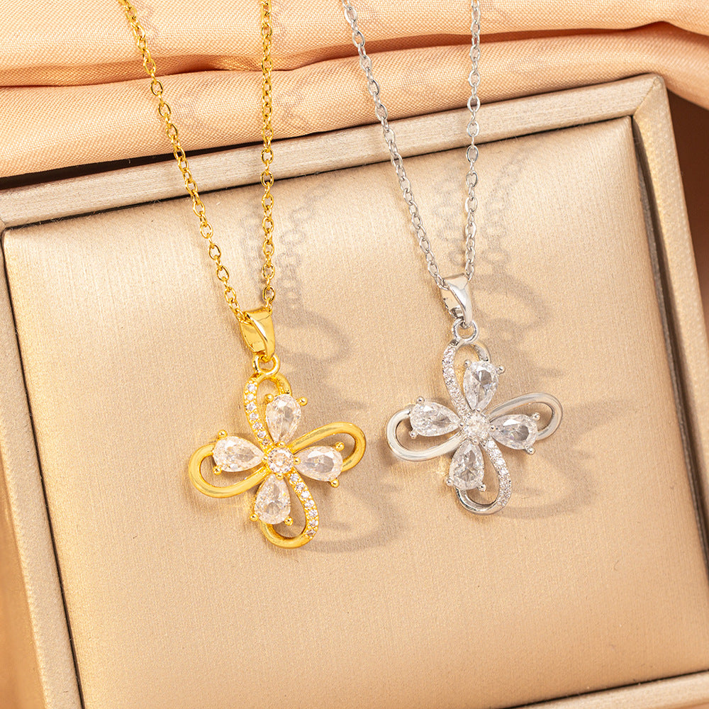 【titanium steel】hot-selling korean & japanese style hollow flower necklace - women's high-end, unique, and light luxury copper-inlaid zircon clavicle chain jewelry