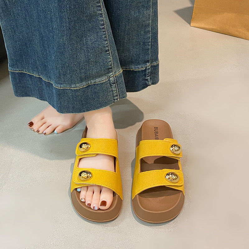 Summernew arrival round head gold bean buckle double strap fashioncasual style outwear women's slippers thick soleeasiest for matchpopular boken sandals