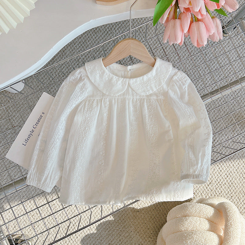 autumn new arrival: long-sleeved jacquard white blouse - stylish korean style baby undershirt with turn-down collar for girls