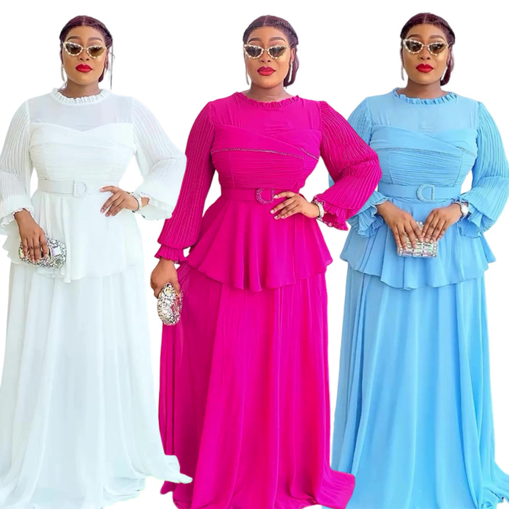 African plus-size women's fashion: european and american style ruffle trim, pleated long sleeve dress - perfect for  & cross-border e-commerce