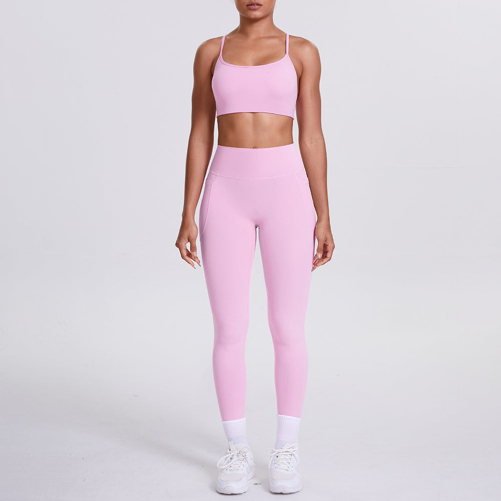 Cloud-feel compression yoga set: sexy open-back sports bra with high-waisted butt-lifting leggings and pockets - women's running & fitness apparel