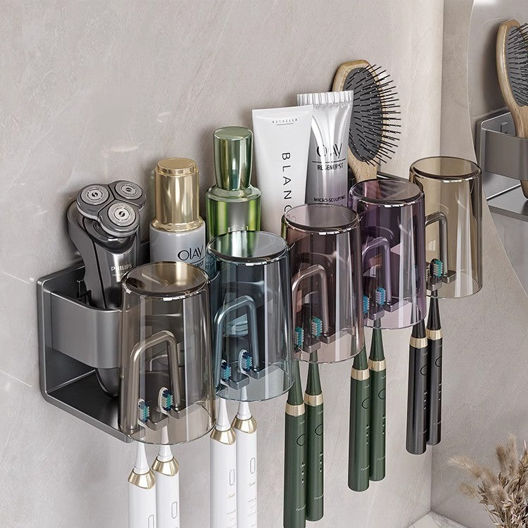 White toothbrush rack, punch-free bathroom toothbrush and mouthwash cup hanging rack, wall-mounted electric toothbrush rack cup