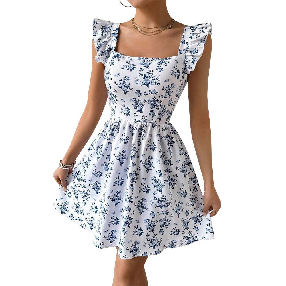 Amazon  european and american cross-border spring/summer sweet & slim-fit design: open back, tie-up, flutter sleeve, floral print dress