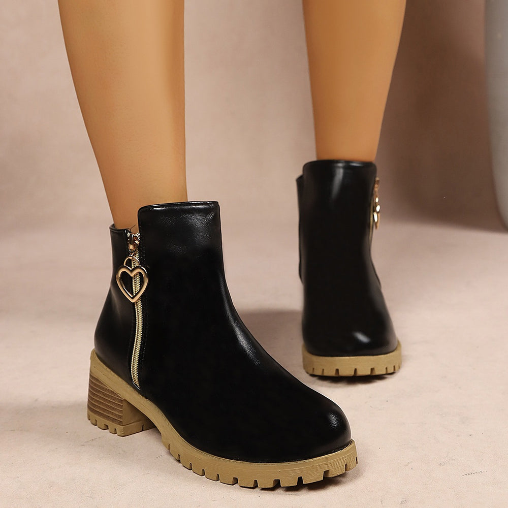 plus size side zipper short boots for women autumn winternew arrival round toe british style thick heel heart metal buckle boots