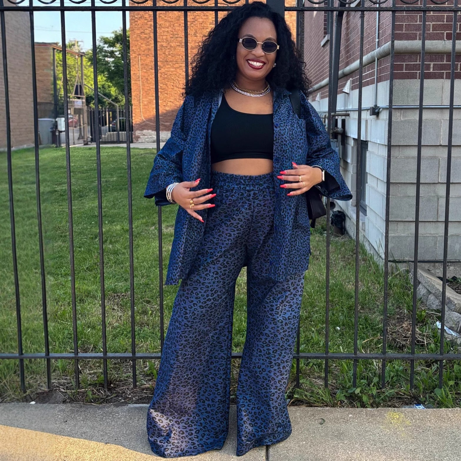 European and American large-size casual women's clothing set cardigan leopard print shirt wide-leg trousers African loose new two-piece set women