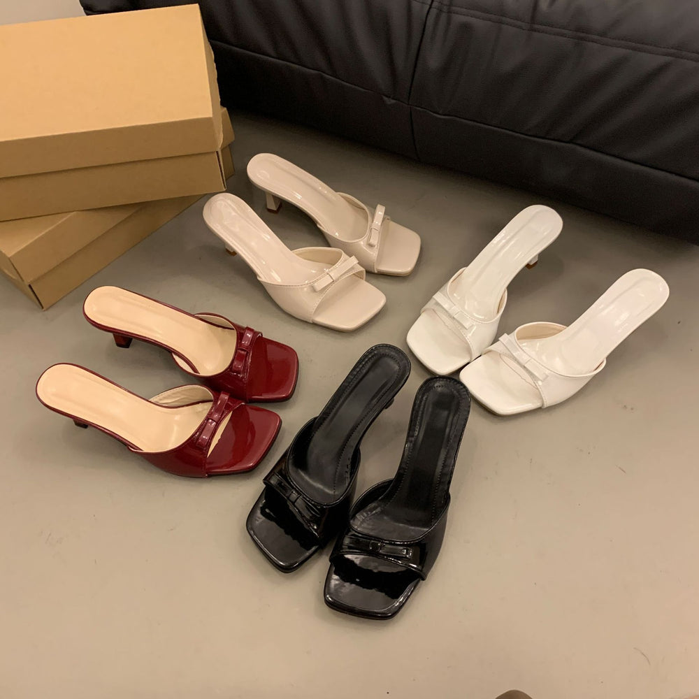 French high-heeled slippers: new 2024 women's summer outdoor square-toe stiletto thong sandals with bow detail - versatile and chic