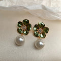 Vintage hong kong style french chic elegant white floral pearl earrings - 925 sterling silver posts - statement earrings