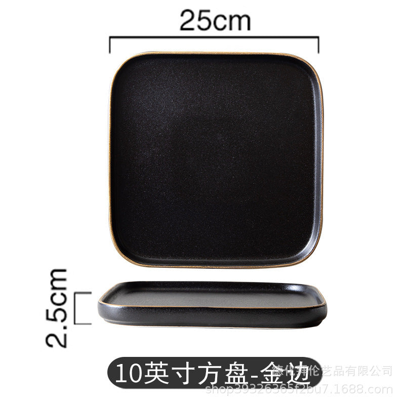 Black matte square steak plate - nordic style western home creative tableware - square ceramic serving dish with black and gold accents