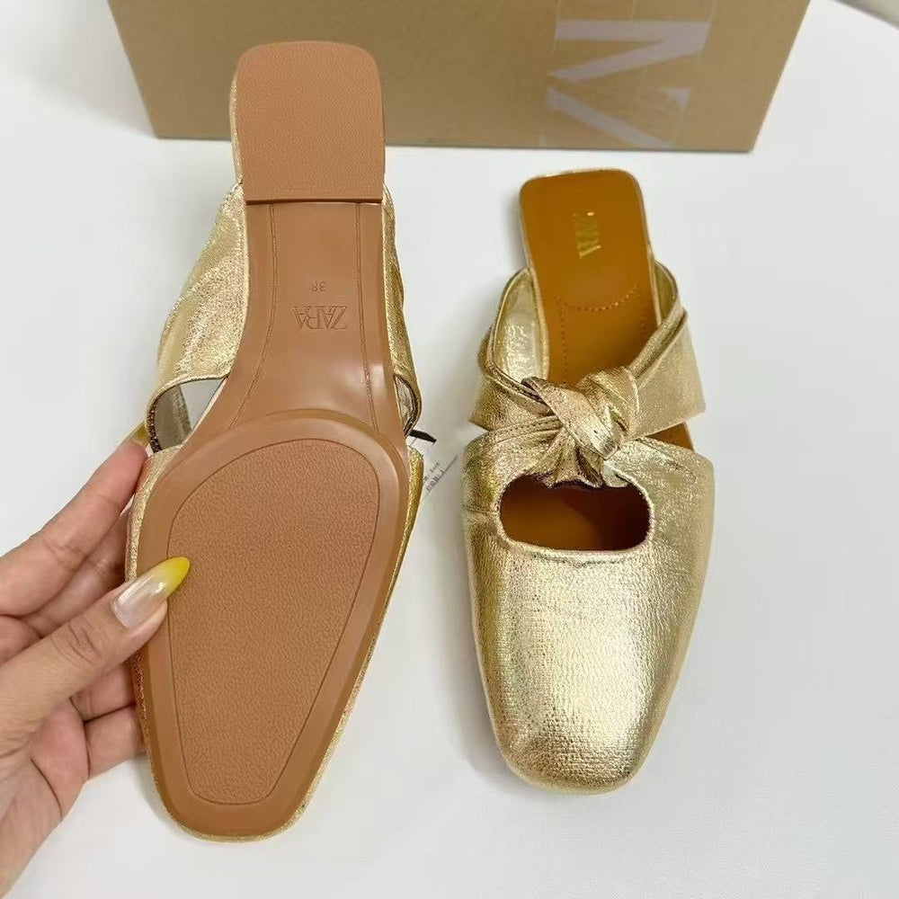 Za women's shoes spain 2025 autumn closed-toe gold knot detail flat backless fashion shoes