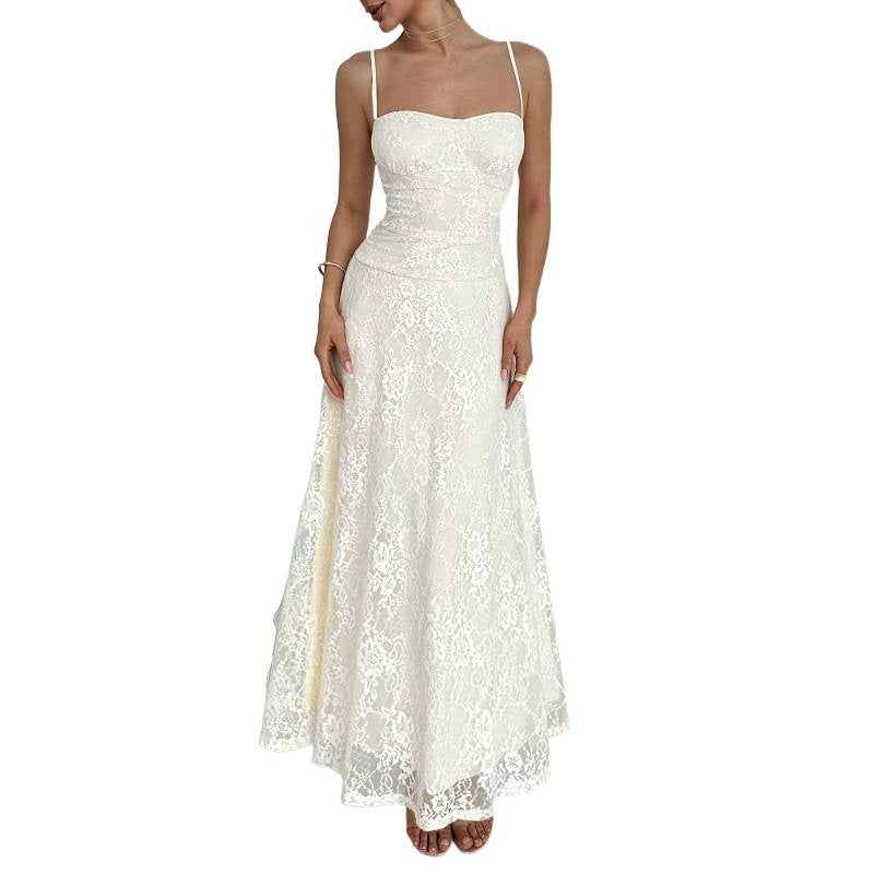 Women's new summer french elegant romantic lace waist a-line slip maxi dress - perfect for dates