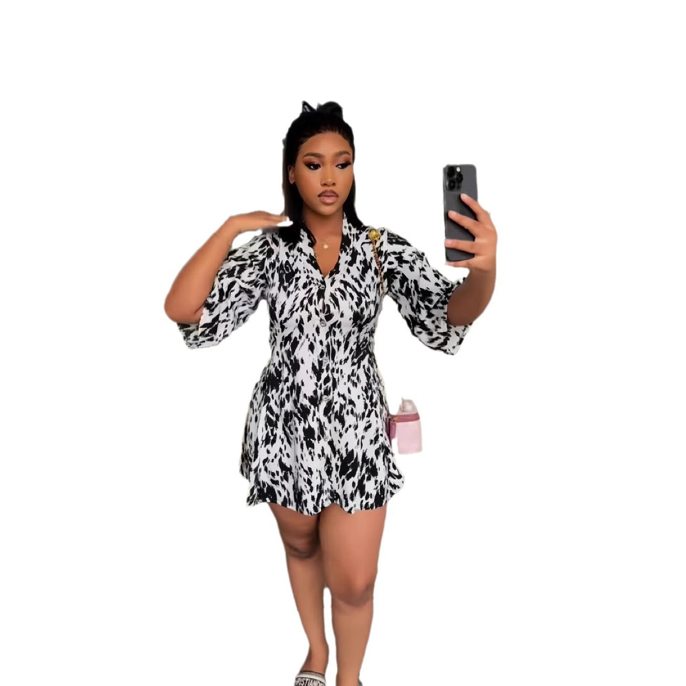 European and american cross-border women's fashion:  autumn/winter new collection - short sleeve v-neck tie-up printed single-breasted cardigan dress