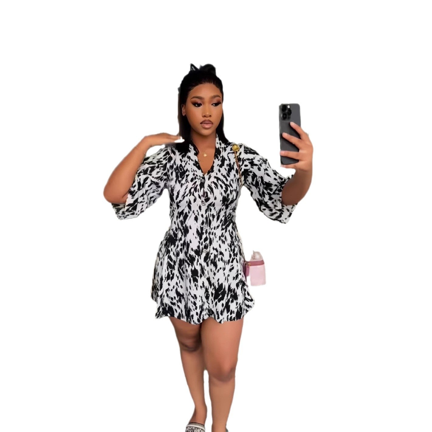 European and American  women's clothing 2024 autumn and winter new short-sleeved V-neck strap printed single-breasted cardigan dress