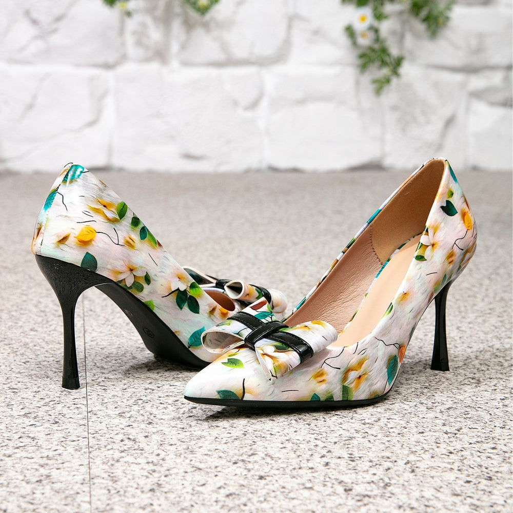Fashionable women's printed bow heels - pointed-toe stiletto pumps for vacation - cross-border amazon