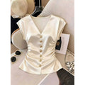 Women's new summer french chic solid color satin v-neck shirred waist blouse - perfect for office commuting