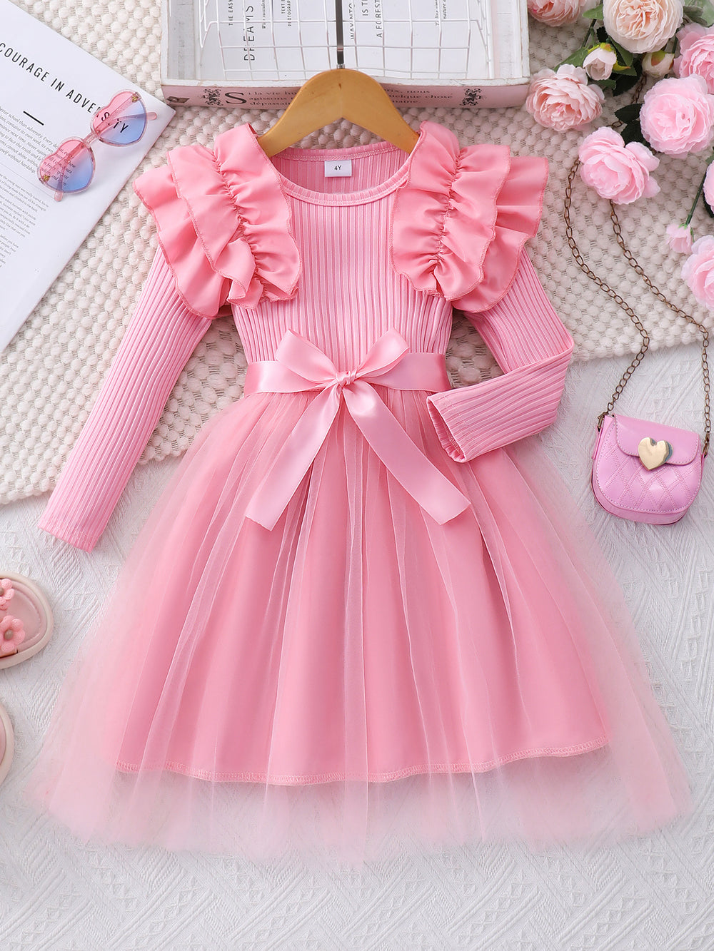 Girls' ruffle-trimmed mesh long-sleeve dress (toddler & little girl)