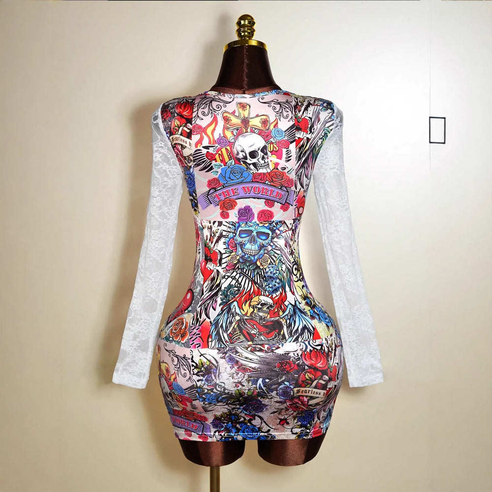 new european and american  lace patchwork v-neck printed sexy bodycon dress - unique style