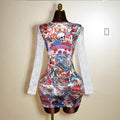 new european and american  lace patchwork v-neck printed sexy bodycon dress - unique style