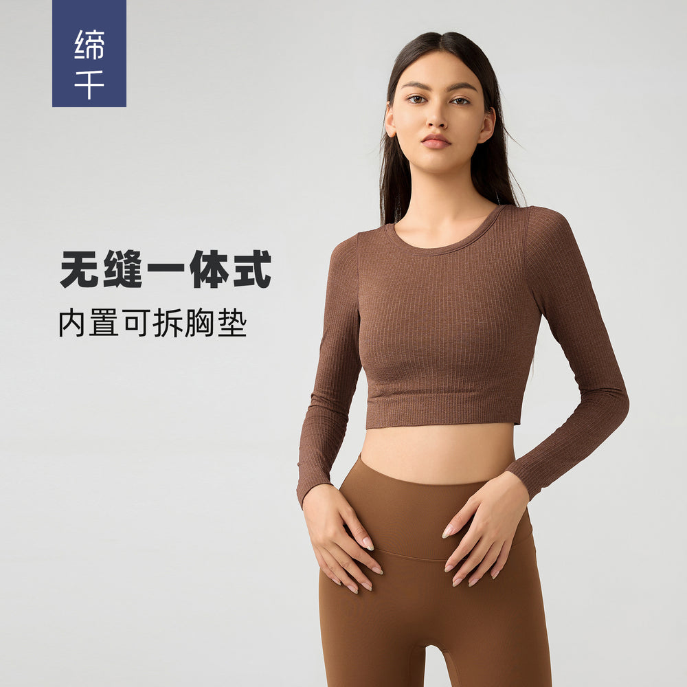 Women's yoga top with built-in bra pads, running & fitness cropped stretch top, new slim-fit long sleeve activewear - daw197