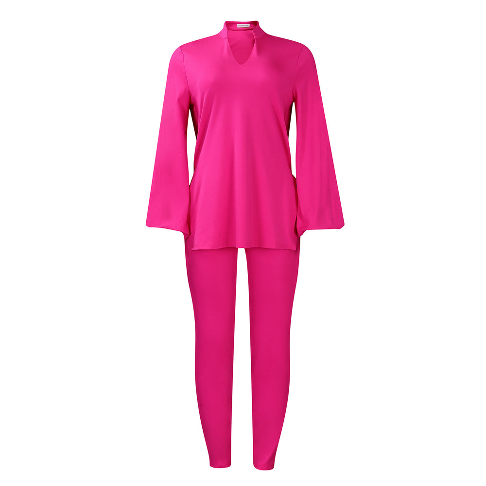 D535 women's foreign trade outfit:  autumn/winter fashion, solid color plus size v-neck long sleeve top and pants african style set