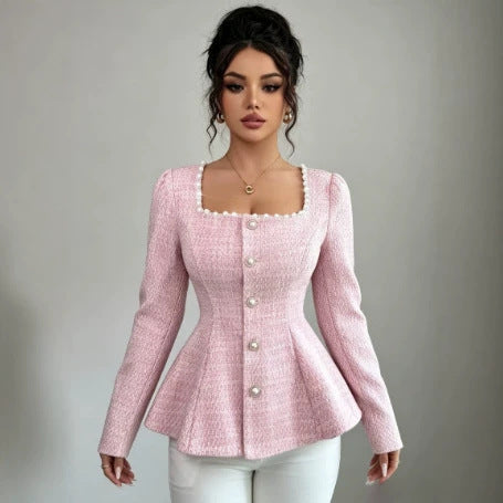 european and american cross-border women's fashion: new elegant pink long-sleeve top
