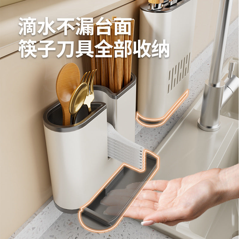 White kitchen knife holder, chopstick cartridge, shelf, no punching, wall-mounted chopstick basket, vegetable knives, spoons, knife holder, storage box.