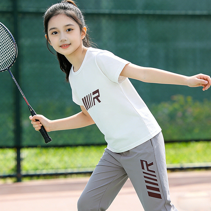 Girls' summer new arrival: kids' round neck short sleeve  versatile fashion girl's tracksuit set - summer outfit