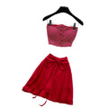 Korean style red striped bandeau top and tie-waist midi skirt set - women's summer slim fit flattering two-piece hot girl outfit