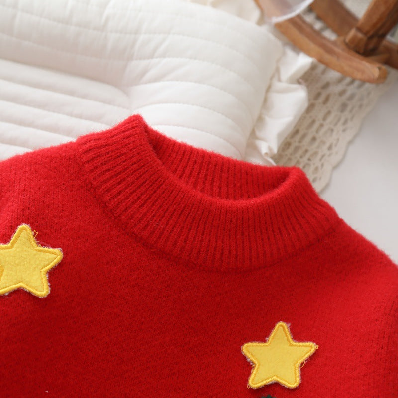 Girls' stylish red sweater with snowman, star, and christmas tree design - thickened, warm, festive new year outfit for winter, perfect for new year's day performances