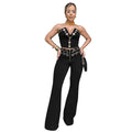 C7327 cross-border   fashion women's sexy bandeau top and eyelet metal buckle pants set