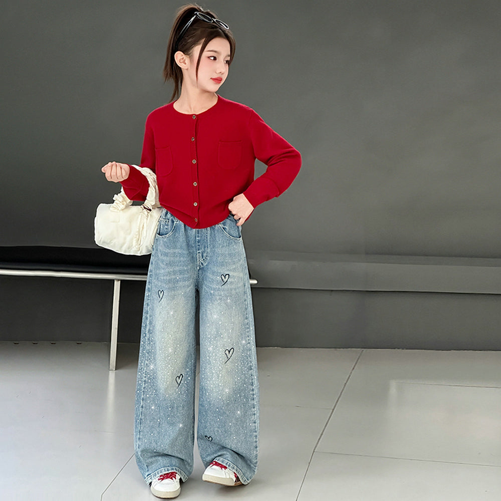 Girl hot diamond heartjeansstraight-legspring & fall style new arrivalfashionable spring clothing for middle-aged and large children loose pants