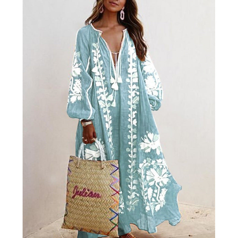 fashion  women's fashionlooselong sleevestie backv neckprinting large swing dress women's dress