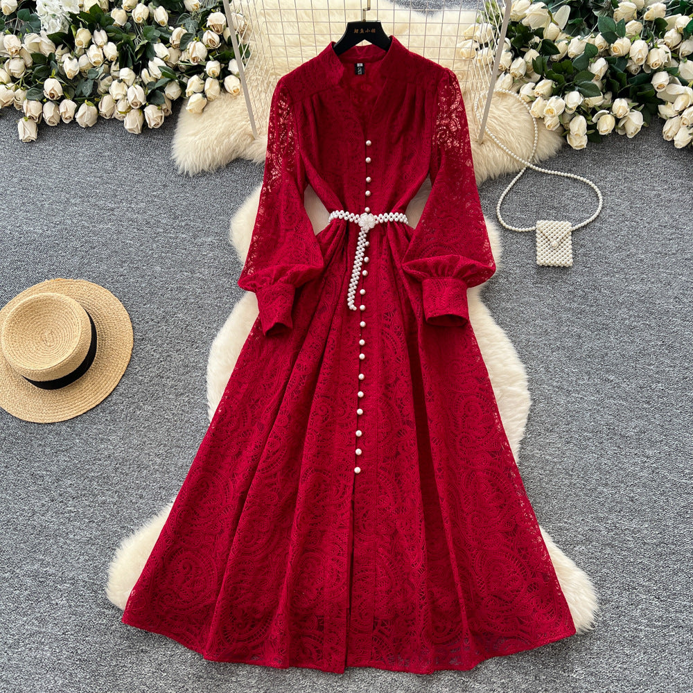 Frenchclassy stand collar v neck lantern sleeve lacedress women's waist slimming lookelegant single-breasted long skirt