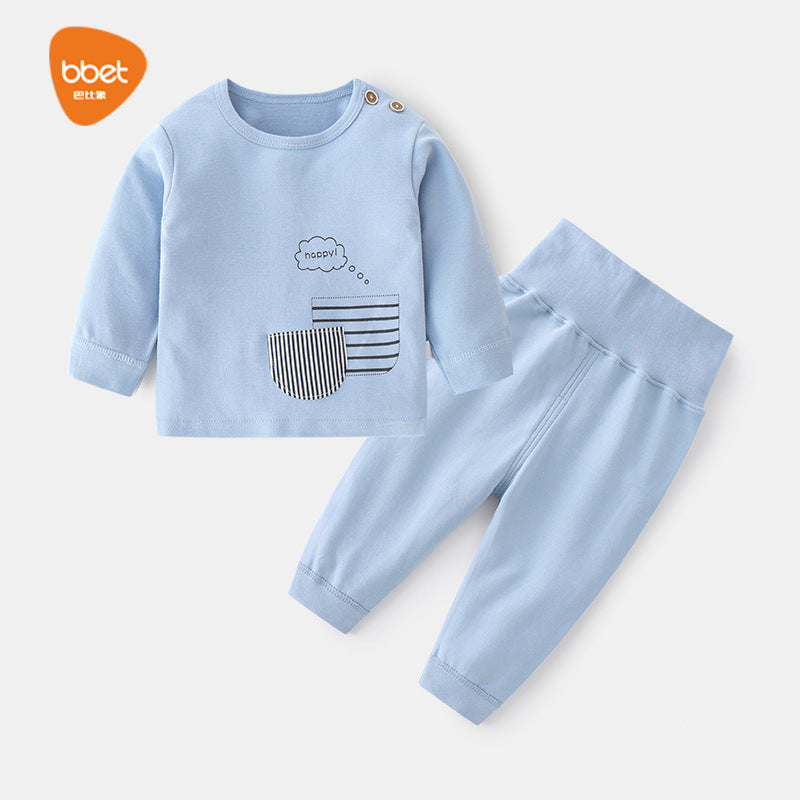 Babibele kids' autumn/winter thermal underwear set - baby cotton printed shoulder snap two-piece high-waisted long johns