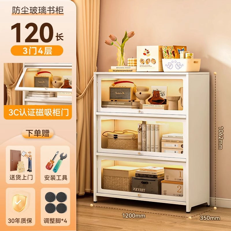 Steel bookcase with glass doors, kids' bookshelf, home living room storage cabinet, dustproof display cabinet, iron art shelf
