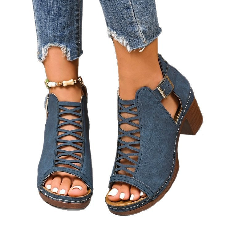 plus size  summer new chunky heel high heel roman peep-toe cutout buckle strap sandals, size 43,